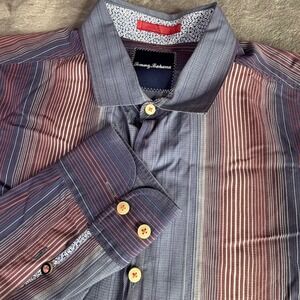 Tommy Bahama Button Down Shirt Mens XL Blue Burgundy Striped Long Sleeve Cotton